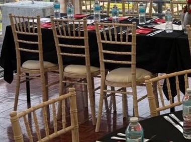 A row of limewash chiavari chair backs with ivory cushions